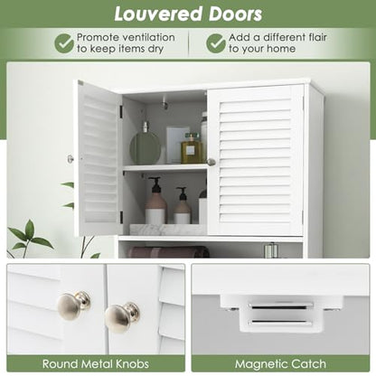 Tangkula Over The Toilet Storage Cabinet, Above Toilet Bathroom Shelf w/Double Doors & Adjustable Shelf, Freestanding Toilet Shelf Space Saver w/Anti-Tip Kits & Adjustable Bottom Bar, 63" H (White)