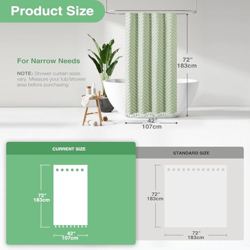 Stall Shower Curtain and Liner Set - 42 inch Wide Boho Shower Curtain and Waterproof Clear Liner, Tufted Chevron Striped Tassel Shower Curtains for Bathroom, 7 Hooks, 42x72, Sage Green - color: Sage Green, size: 42"W x 72"L (Pack of 1)