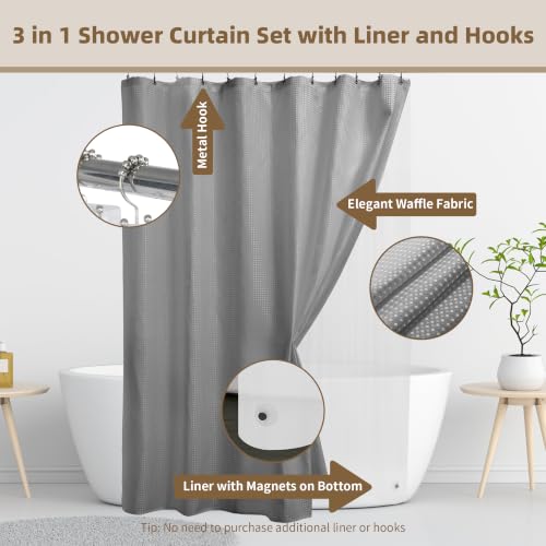 Siiluminisoy Shower Curtain and Liner Set, Waffle Shower Curtain Set with 12 Stainless Steel Hooks, Waterproof Luxury Fabric Shower Curtains for Bathroom and Hotel, Grey, 72" W x 72" H - color: Grey, size: 72"W x 72"L (Pack of 1)