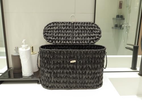 Coeusy Black Toilet Paper Basket with Lid,Wicker Toilet Paper Storage Stand,Large Narrow Bathroom Towel Basket Mega Roll Container Bin for Toilet Tank,Floor - color: Black