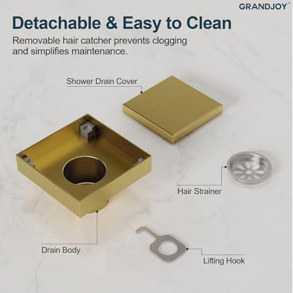 4 Inch Square Shower Floor Drain, SUS304 Stainless Steel with X-Shaped High Flow Channel, Anti-Clogging Hair Strainer, No Hub Required, Brushed Gold - color: Brushed Gold, size: 4