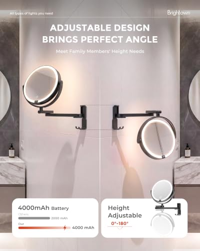 Brightown 8" Wall Mounted Makeup Mirror with Lights & Magnification 1X/10X | 4000mAh Rechargeable Dimmable Vanity Mirror, Extended Arm 360° Rotation, 3 Color Lights & Smart LED Digital Display, Black - color: Black