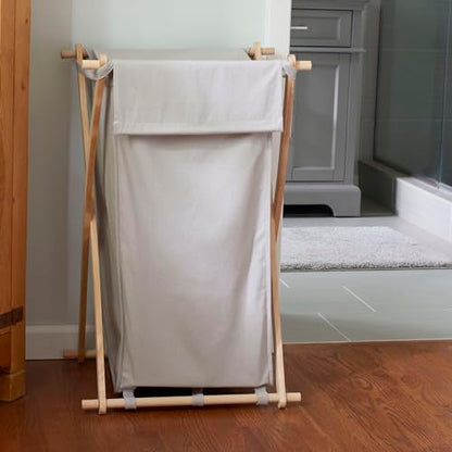 Household Essentials X-Frame Wood Laundry Hamper, Folding Wood Frame with Washable Gray Poly-Cotton Bag Large - color: Gray, style: Hamper
