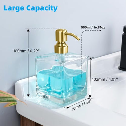 Square Soap Dispenser Brushed Gold Pump, 16.9 oz | Glass Bottle, Stainless Steel Pump, Cube, Large Capacity, Liquid Hand Soap Dispenser Bathroom Kitchen - color: Gold-16.9 Oz