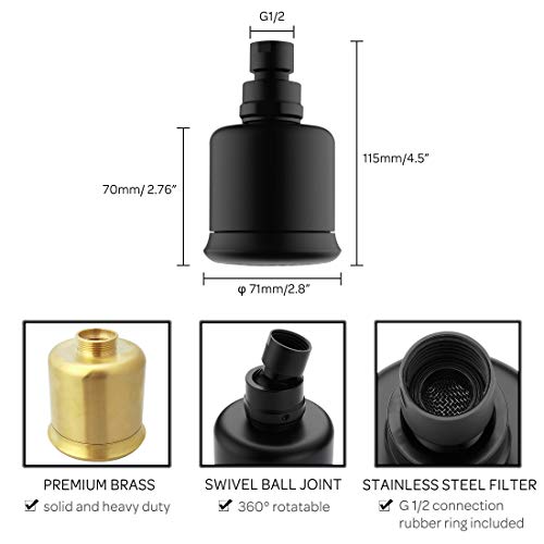 Solid Brass Shower Head - High Pressure Showerhead with Filter and 360 degrees Adjustable Swivel, Replacement for Bathroom Low Flow, Matte Black 2.8 inch Heavy Duty