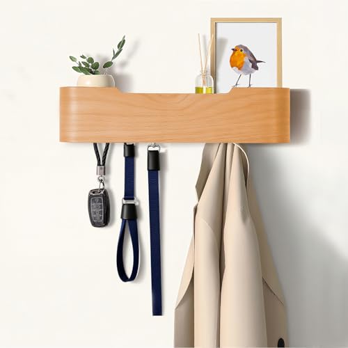 Coat Rack Wall Mount with Hidden Hooks, Wall Hooks with Shelf, Wall Key Holder Mount Wooden Shelf Entryway Hooks for Bedroom Bathroom for Hanging Coats Hats Bags Towels (Oak, 4 Hooks) - color: Oak, size: 4 Hooks