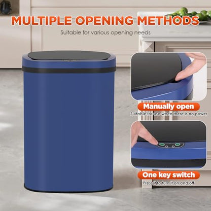 PayLessHere | 13 Gallon Stainless Steel Trash Can | Deep Blue | Automatic Touchless Lid with Motion Sensor | Kitchen Garbage Can with Waterproof Design | for Home, Office, Bathroom | Pack of 1 - color: Deep Blue Stainless Steel