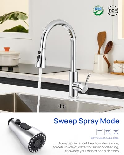 J-HVA Pull Down Kitchen Faucet Sprayer Head Replacement Part, Chrome | 3 Function kitchen Sink Faucet Replacement Nozzle, Kitchen Faucet Head Hose Spray Tap Spout, 15 Connectors - color: Chrome