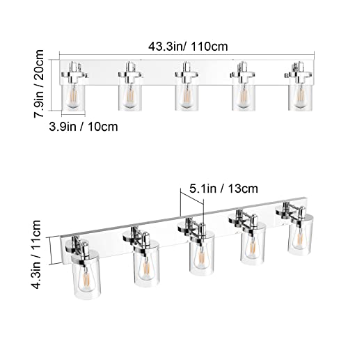 Aipsun Chrome Bathroom Light Fixtures 5 Light Bathroom Vanity Light Stainless Steel with Clear Glass Shade(Exclude Bulb) - color: Chrome, size: 5-Light