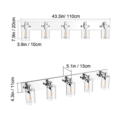 Aipsun Chrome Bathroom Light Fixtures 5 Light Bathroom Vanity Light Stainless Steel with Clear Glass Shade(Exclude Bulb) - color: Chrome, size: 5-Light
