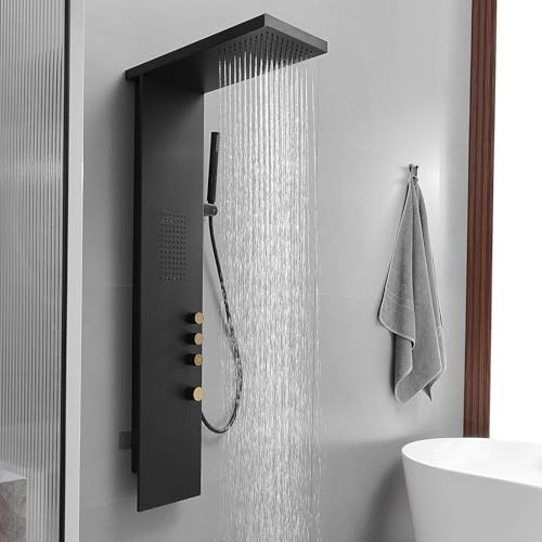 3 in 1 Shower Panel Tower System with Rainfall Shower Head, Handheld Shower Wand and Body Spray Stainless Steel Shower Tower Multi-Function Shower Panels for Bathroom, Black - color: Black, style: 3 IN 1 Shower Panel