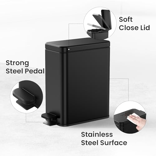 Cesun 2.6 Gallons Small Bathroom Trash Can with Lid Soft Close, Black | Removable Inner Bucket, Small Stainless Steel Garbage Can for Bedroom/Office, Hands-Free Step Pedal, Fingerprint-Resistant - color: Black