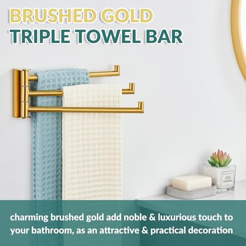 Brushed Gold Swivel Towel Rack with 3 Rotating Arms, Wall Mounted | 304 Stainless Steel, Rust-resistant for Bathroom, Kitchen, 180° Rotatable & Foldable Towel Holder, Space-saving Wall Mounted - color: Brushed Gold