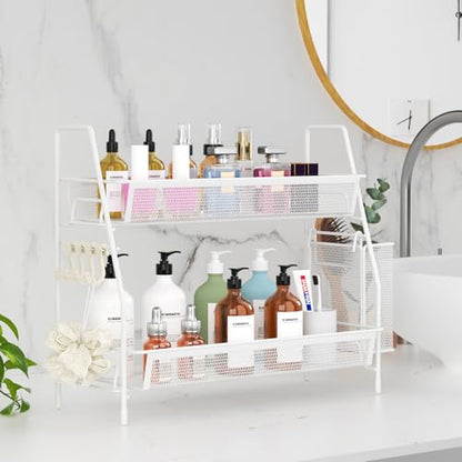 VITVITI 2-Tier Bathroom Organizer Countertop, Metal Wire Mesh Bathroom Counter Organizer Storage with Basket Hooks, Vanity Tray Shelf, Kitchen Spice Rack, White - color: 2 Tier Large White