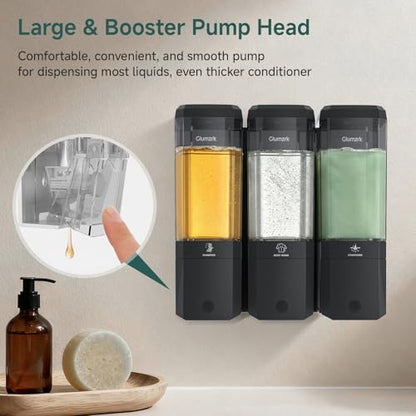 Shampoo and Conditioner Dispenser 3 Chamber 17oz No Drill Shower Soap Dispenser Wall Mounted Shampoo Conditioner Body Wash Refillable Bathroom Shower Dispenser (Black+Smoke Gray 3 Chamber) - color: Black-smoke Gray-3