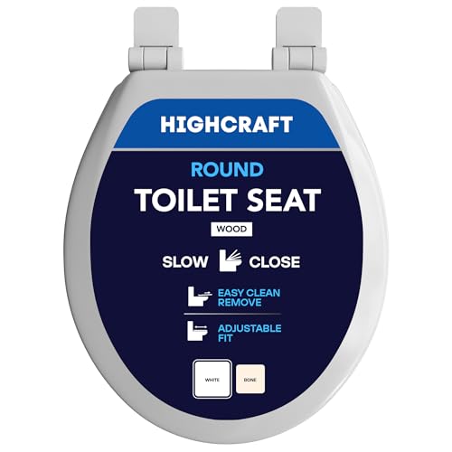 HIGHCRAFT Premium Round Toilet Seat with Slow-Close Design, Adjustable Hinges & Quick Removal Mechanism - Molded Wood Toilet Seat - Fits Standard Round Toilets - Toilet Seat in White - color: White, size: Round