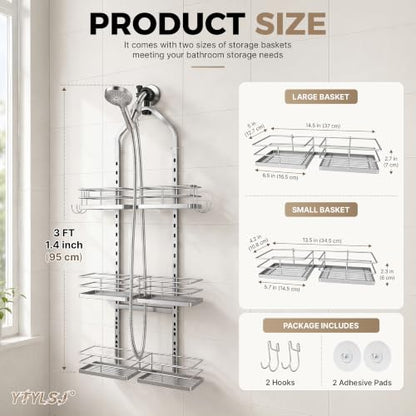 3-Tier Hanging Shower Caddy, Stainless Steel with Dual Clamp, Silver | Heavy-duty stainless steel, adjustable shelves for large families, Rustproof, tool-free install, Fits handheld showerheads - color: 3 Tier-Silver