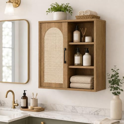 RUSTOWN Boho Rattan Bathroom Wall Cabinet with Sliding Door, Rustic Oak | Farmhouse Bathroom Cabinet, Adjustable Shelves, Over The Toilet Storage Cabinet, 3-Tier Wall Mounted Cabinets - color: Natural Oak