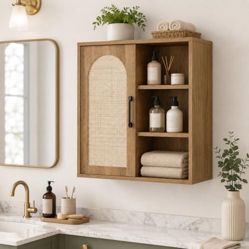 RUSTOWN Boho Rattan Bathroom Wall Cabinet with Sliding Door, Rustic Oak | Farmhouse Bathroom Cabinet, Adjustable Shelves, Over The Toilet Storage Cabinet, 3-Tier Wall Mounted Cabinets - color: Natural Oak