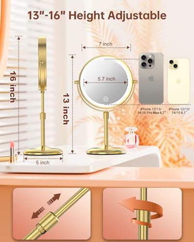 7" Lighted Makeup Mirror with 3 Color Lights & 10X Magnification, Adjustable Brightness & Height, 360° Swivel Rechargeable 10X LED Magnifying Vanity Mirror with Light, Gold - color: Gold