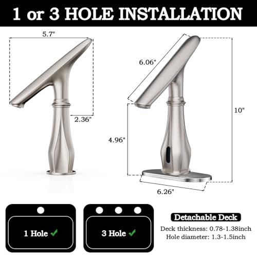 Touchless Bathroom Sink Faucets, Brushed Nickel Bathroom Faucet Single Hole, Automatic Motion Sensor Battery Operated with Cover Plate and Mixing Valve for Commercial and Home - color: Brushed Nickel