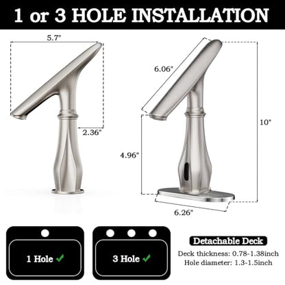 Touchless Bathroom Sink Faucets, Brushed Nickel Bathroom Faucet Single Hole, Automatic Motion Sensor Battery Operated with Cover Plate and Mixing Valve for Commercial and Home - color: Brushed Nickel