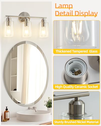 Brushed Nickel Vanity Lights - 3-Light Modern Bathroom Lighting Fixtures with Clear Glass Shade - Wall Sconce for Hallway - 2Pack - color: Brushed Nickel, size: 3 Light - 2 pack