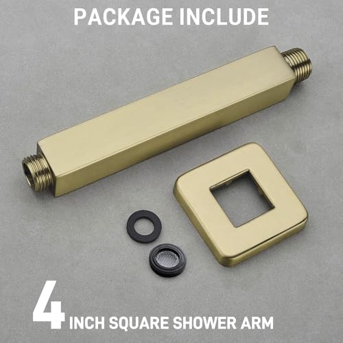 Gold Shower Arm with Flange, 4 Inch Square Extension Arm for Rainfall Shower Head, NPT 1/2 to G 1/2 Inch, Ceiling Mount, Brushed Gold - color: Brushed Gold, style: 4-Inch
