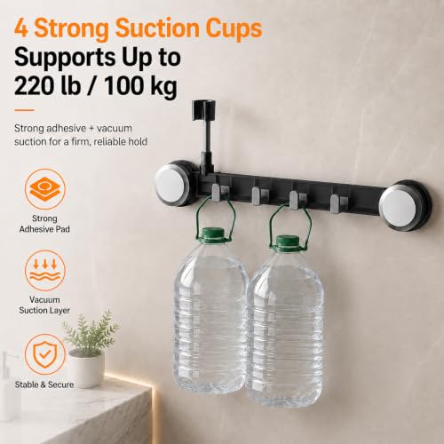 Suction Cup Handheld Shower Head Holder with 4 Hanger Hook Wall Mount, Adjustable Handheld Shower Head Mount Removable for Large & Heavy Shower Heads - Bathroom Wall Mounted Shower Wand Holder