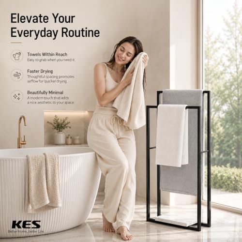KES Standing Towel Rack, Heavy Marble Base, 2-Tier Floor Stand, Matte Black | 7.39 Lb Marble Base, Prevents Tipping, 34.3" & 38.2" H Fit Bath Sheets, Shelf Storage for Towels and Toiletries