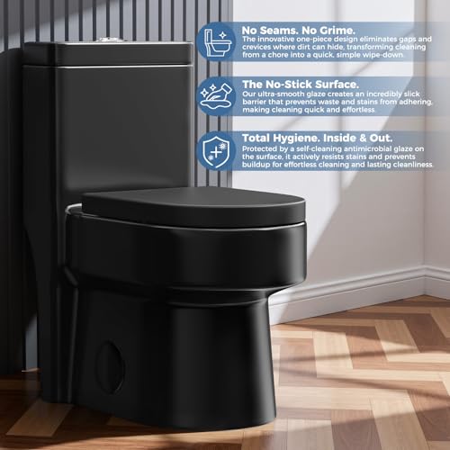 Compact One Piece Toilet Matte Black,Soft-close Seat Lid, Power Dual Flush 1.2/1.85 GPF,Small Toilet for Bathrooms,Standard Black Toilet Bowl, 12'' Rough-in - style: BH-22-BLACK