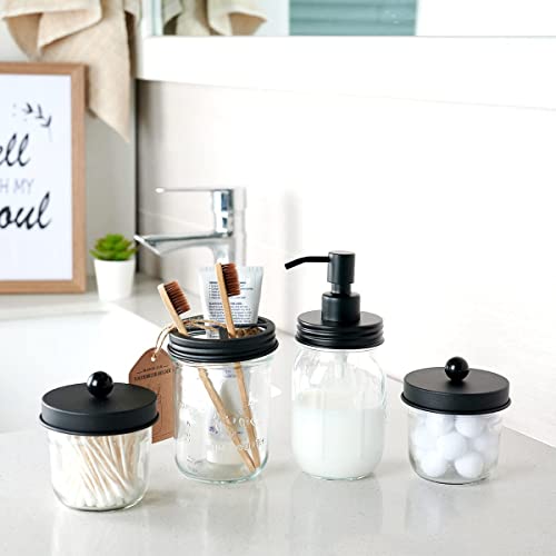 Amolliar Mason Jar Bathroom Accessories Set, 4Pcs Glass Bathroom Set, Black | Lotion Soap Dispenser, 2 Cotton Swab Holder, Toothbrush Holder, Rustic Farmhouse Bathroom Decor, Countertop Vanity Organizer - size: Black, style: Wide-mouth