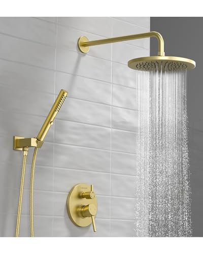 Lava Odoro Modern 2-Setting Round Rain Shower System, Gold Rainfall Shower Faucet Set Rain Shower Head and Handle Set, Shower Valve Trim Kit, 10 Inch, Brushed Gold, SF104-SG - color: Brushed Gold, style: Without Tub Spout