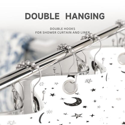 Shower Curtain Hooks Silver, Bathway Shower Curtain Rings Rust Proof, Shower Hooks for Shower Curtain Balanced Smooth Glide Double Shower Curtain Hooks, 12 Pcs - color: Space Silver