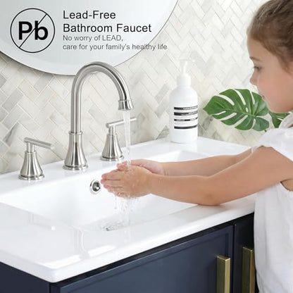 COMLLEN Brushed Nickel Bathroom Faucet 3 Hole Vanity,360 Degree Rotating Spout, 2 Handle 360° Swivel Brushed Nickel 8 Inch Widespread Bathroom Sink Faucet 3 Holes, with Pop-up Drain, Supply Lines - color: Brushed Nickel