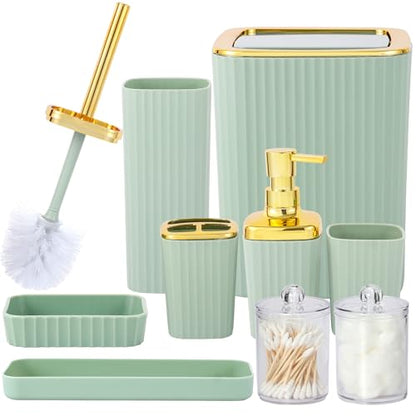 9 PCS Green Bathroom Accessories Set with Trash Can Bathroom Accessory | All-in-One Kit with Trash Can,Toothbrush Holder,Soap Dispenser,Toothbrush Cup,Vanity Tray,Soap Dish,Toilet Brush etc for Home - color: Lightgreen