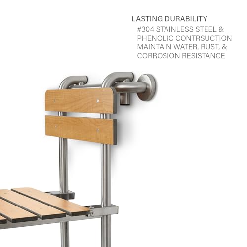 Seachrome Profile Folding Shower Seat with 18 inch Grab Bar, Removable Hanging Bench with Backrest & Legs, Teak Phenolic Seat, Stain Stainless Steel Grab Bar - color: Teak Phenolic Seat