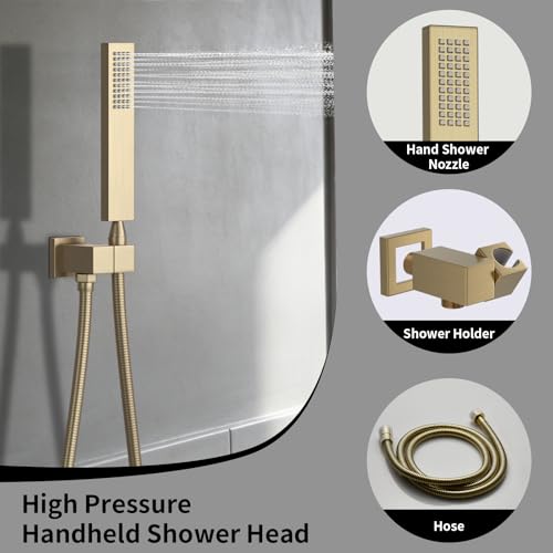 AYIVG Ceiling Mount 20x14 Inch Rainfall Shower System With 6 On Off Body Jets 3 Way Diverter Shower Faucet And Handheld Shower Heads Temperature Display Set (Brushed Gold) - color: Brushed Gold