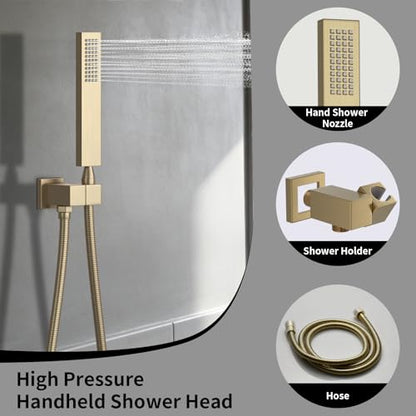 AYIVG Thermostatic Full Body Rainfall Shower System Dual 3 Way Diverter Valve 6 Function Ceiling Mount 14x20" ShowerHeads With 6 Jets 2 Handheld Shower Set (Brushed Gold) - color: Brushed Gold