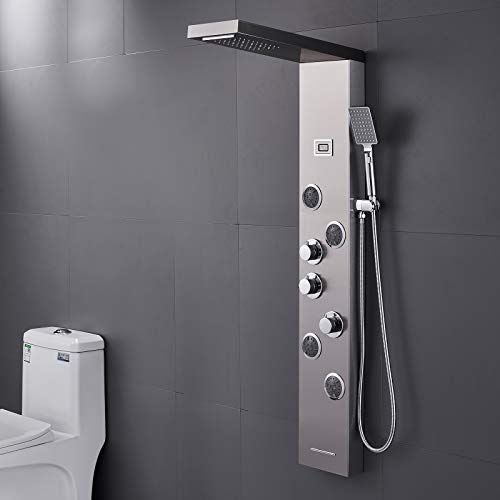 6-in-1 LED Shower Panel Tower System Stainless Steel Brushed Nickel | Rainfall + waterfall head | Massage jets | Handheld shower | Tub spout | LED display | Wall mount - color: Brushed Nickel