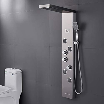 6-in-1 LED Shower Panel Tower System Stainless Steel Brushed Nickel | Rainfall + waterfall head | Massage jets | Handheld shower | Tub spout | LED display | Wall mount - color: Brushed Nickel