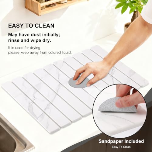 3 Pcs Large Stone Dish Drying Mat for Kitchen Counter Quick Dry Board Pad | Diatomaceous Earth Stone Drying Set With Sink Faucet Drip Catcher And Small Coaster, Super Absorbent Marble Water Tray - color: White Grey Marble