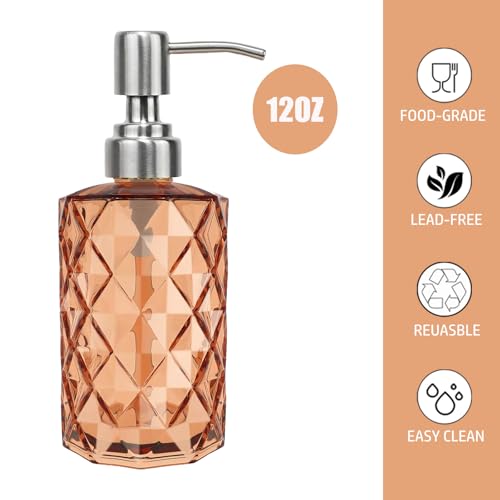 12Oz Amber Glass Soap Dispenser, Liquid Hand Bottle, Stainless Steel Pump | Refillable Clear Kitchen Soap Dispenser with Diamond Design, for Hand soap, Dish Soap, Lotion, Bathroom, Countertop, Hotel - color: Amber Diamond