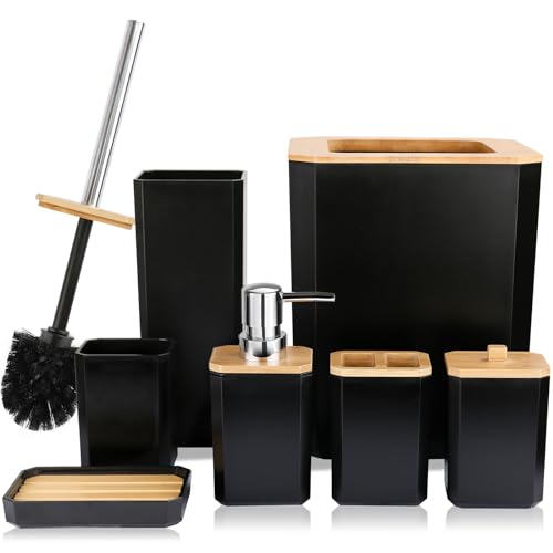CERBIOR Bamboo Bathroom Accessories Set 7 Piece Bath Ensemble,Black | Includes Soap Dispenser, Toothbrush Holder, Toothbrush Cup, Soap Dish for Decorative Countertop and Housewarming Gift - style: Black