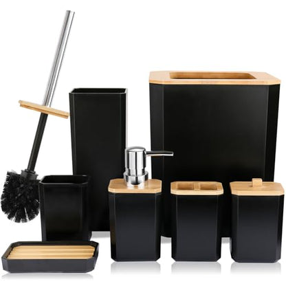 CERBIOR Bamboo Bathroom Accessories Set 7 Piece Bath Ensemble,Black | Includes Soap Dispenser, Toothbrush Holder, Toothbrush Cup, Soap Dish for Decorative Countertop and Housewarming Gift - style: Black