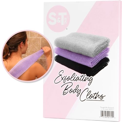S&T INC. Back Scrubber for Shower, 3 Pack, 11.8" x 35.4", Assorted Colors | Long, Exfoliating Towel for Skin Care, Create Rich Lather for Cleansing, For Bath and Shower - color: Assorted Purple