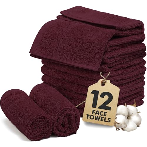 Face Towels Pack of 12 – 100% Cotton Wash Cloths (12x12 inch) – 550 GSM Soft, Quick Dry & Highly Absorbent Ring Spun Cotton Towels for Bathroom, Spa, Gym, Kitchen and for Daily Use - (Burgundy) - color: Burgundy, size: Face Towels