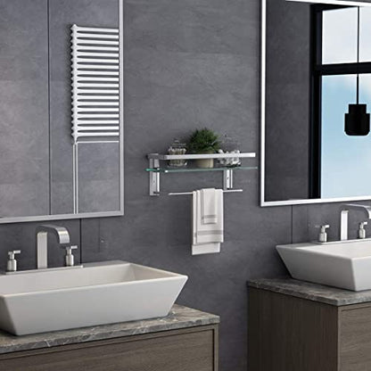 Glass Shelf with Towel Bar 15.7in Silver Bathroom Shelf Wall Mount Rustproof Bathroom Wall Organizer 1 Tier (Silver) - style: 1 tier with towel bar silver