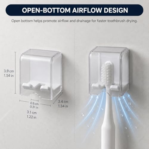 Toothbrush Holders for Bathroom Wall Mounted, 2 Pack Flip Cover Toothbrush Holder with Drainage, Self Adhesive Toothbrush Organizer for Electric Toothbrush, Manual Toothbrush, Shower, Mirror, Tile (2)
