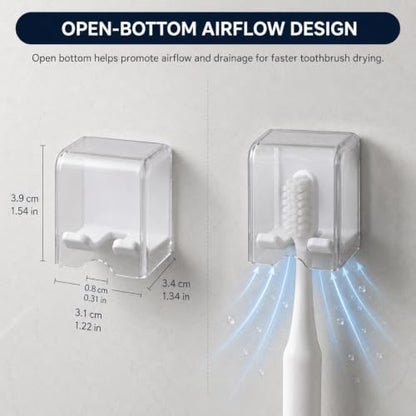 Toothbrush Holders for Bathroom Wall Mounted, 2 Pack Flip Cover Toothbrush Holder with Drainage, Self Adhesive Toothbrush Organizer for Electric Toothbrush, Manual Toothbrush, Shower, Mirror, Tile (2)